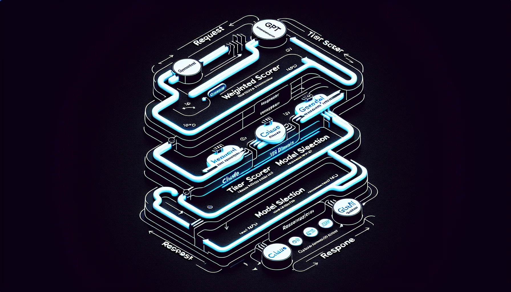 ClawRouter routing pipeline — request, 15-dimension scorer, tier selection, model picker, response